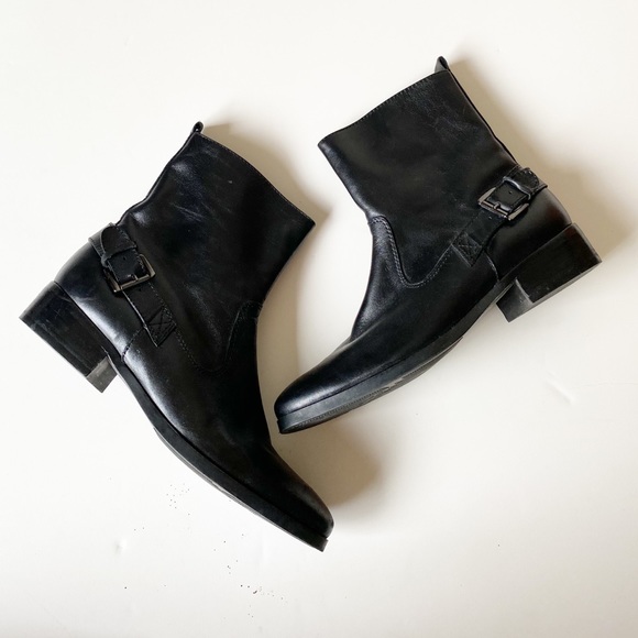 Marc Fisher Hetra Black Leather Belted Moto Ankle Boots - Picture 2 of 15